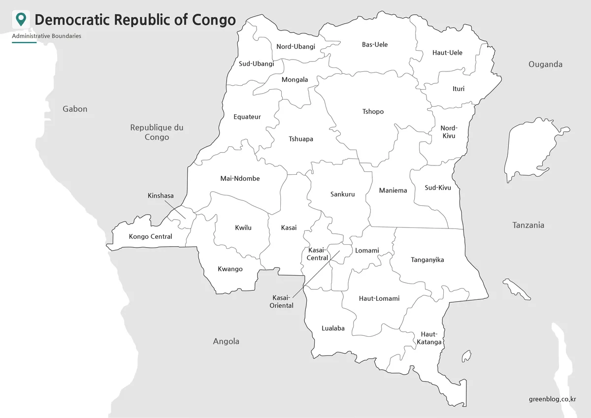 Printable black and white Democratic Republic of the Congo Map with province labels and clean boundary lines.