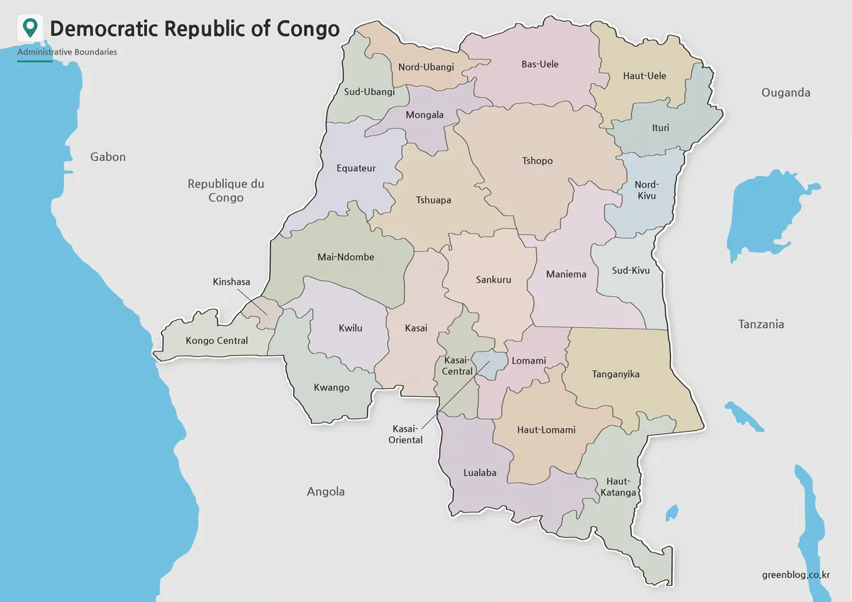 High resolution Democratic Republic of the Congo Map with color-coded provinces for printing and educational use.