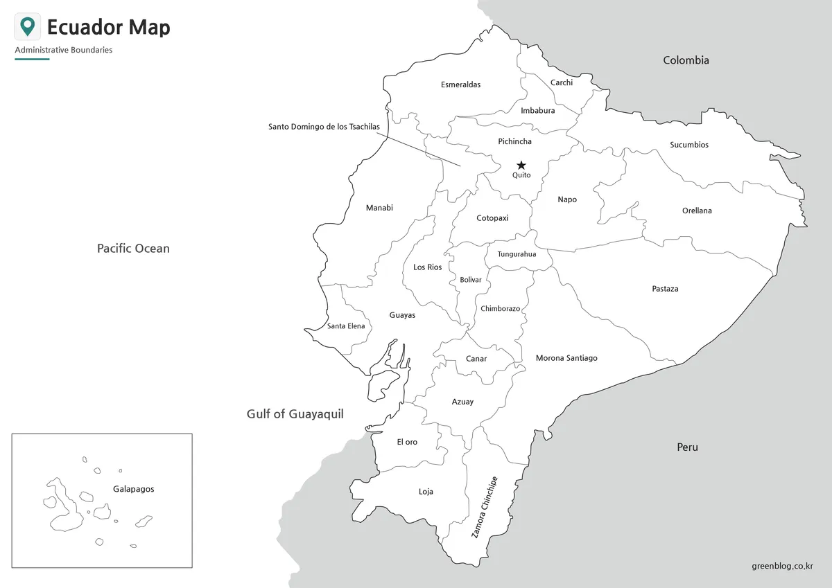 Printable Ecuador black and white map with labeled administrative regions for classroom and document use