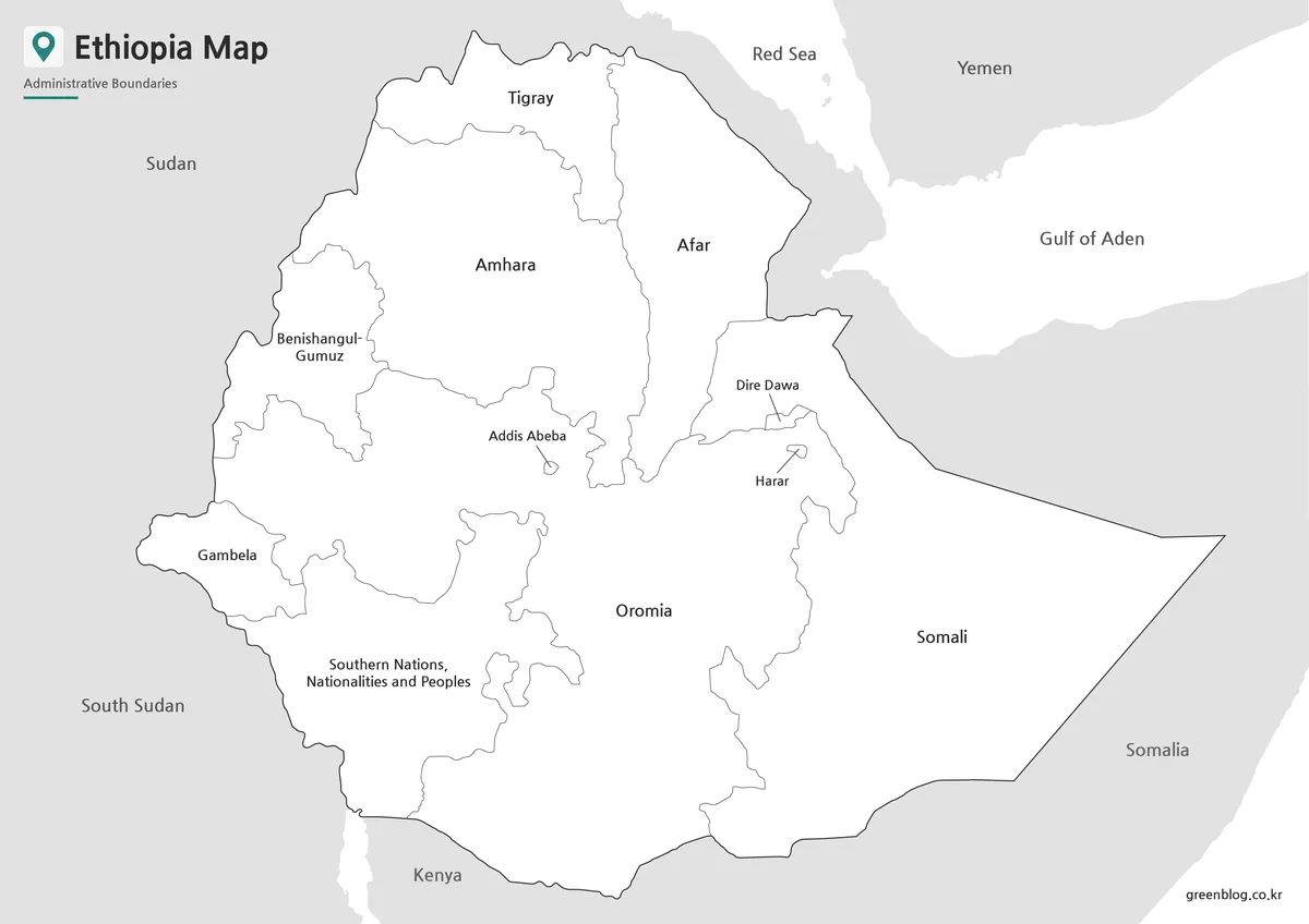 Printable black and white Ethiopia Map with regional boundary lines and readable labels.
