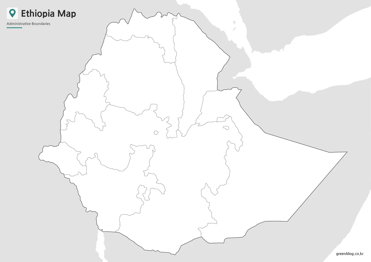 Editable Ethiopia Map outline with regional boundary lines for classroom activities and graphic design use.