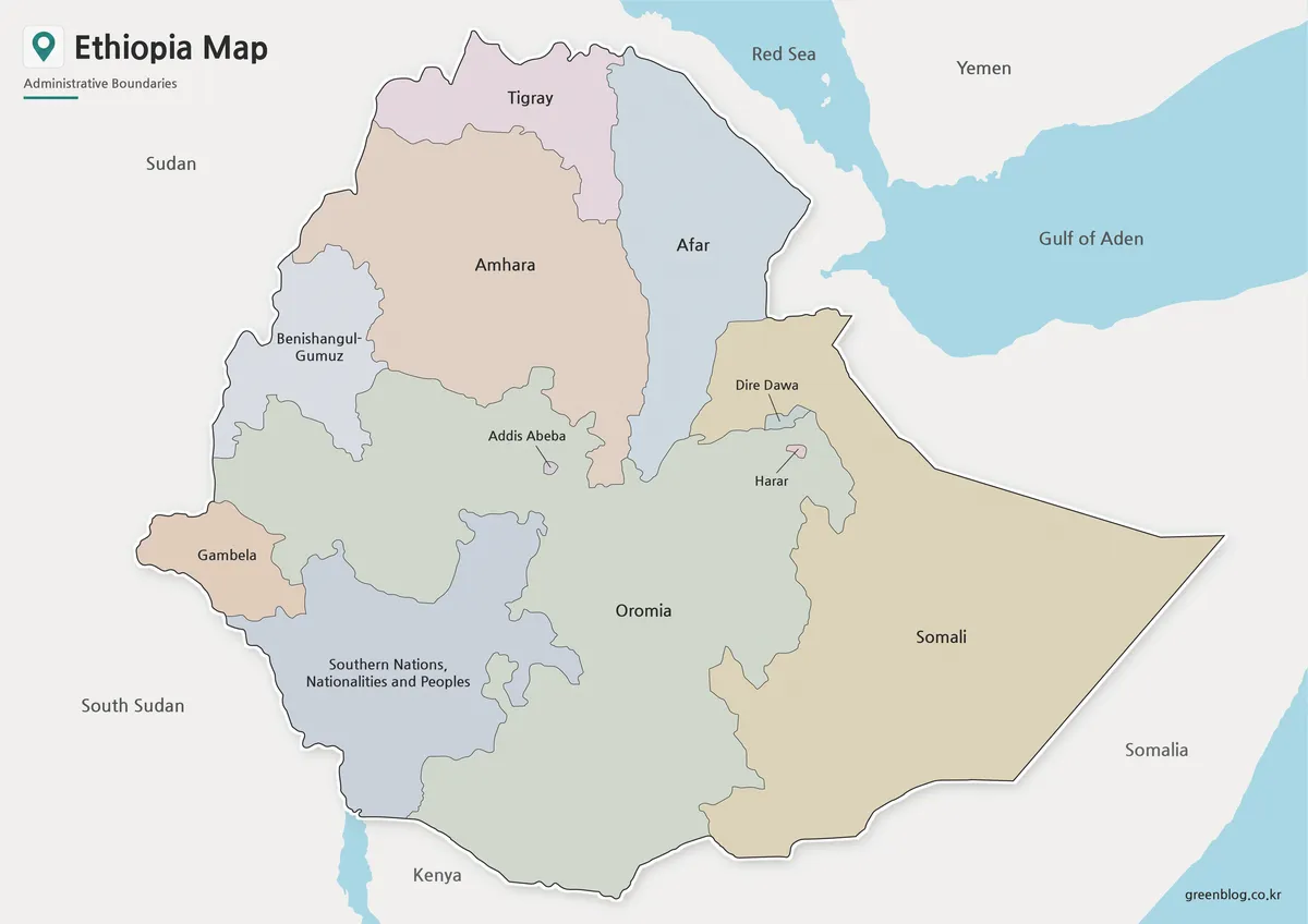 High resolution Ethiopia Map with color-coded regional divisions for classroom, printing, and presentation use.