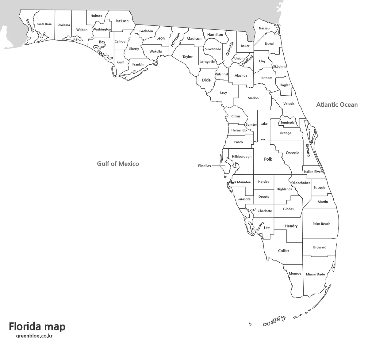 Printable black and white Florida map with county boundary lines.