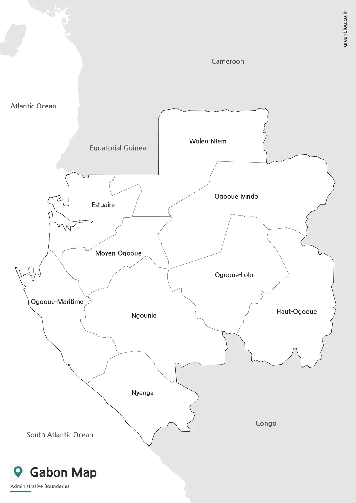 Printable black and white Gabon Map with regional boundaries and labels.