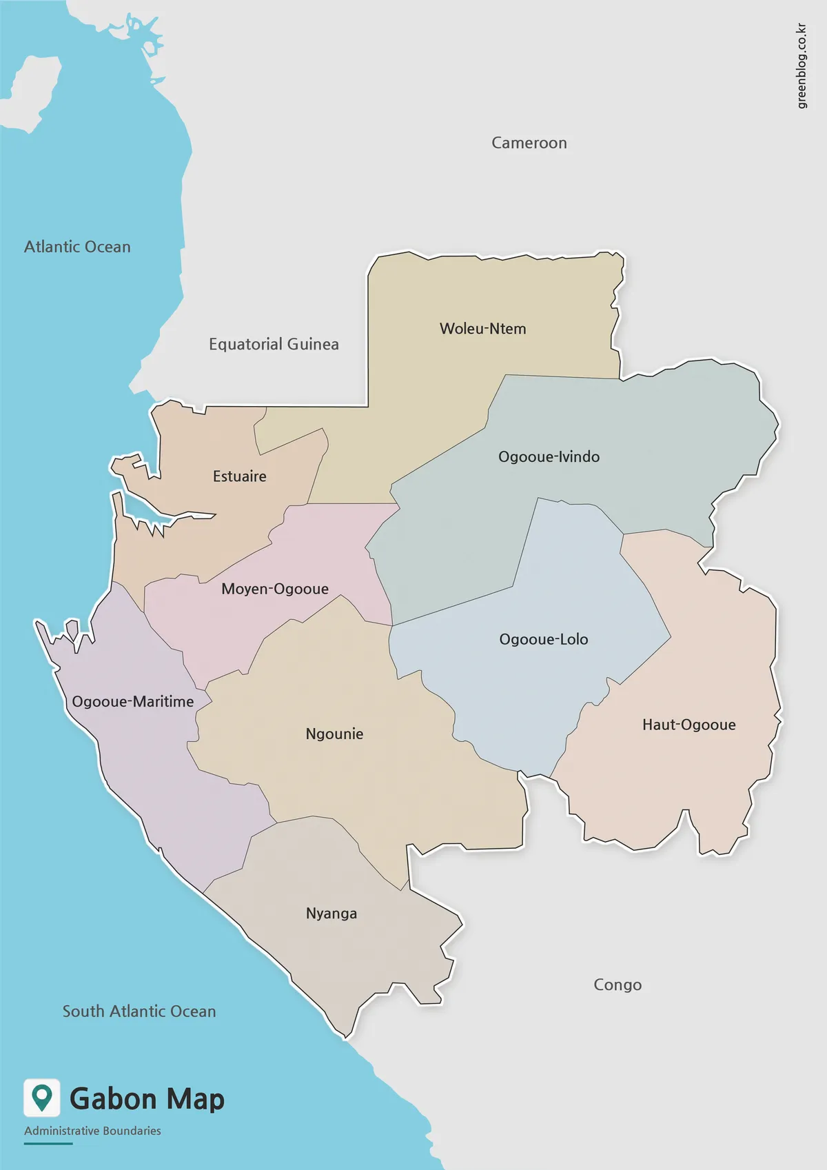 High resolution Gabon Map with color-coded regions for printing and educational use.