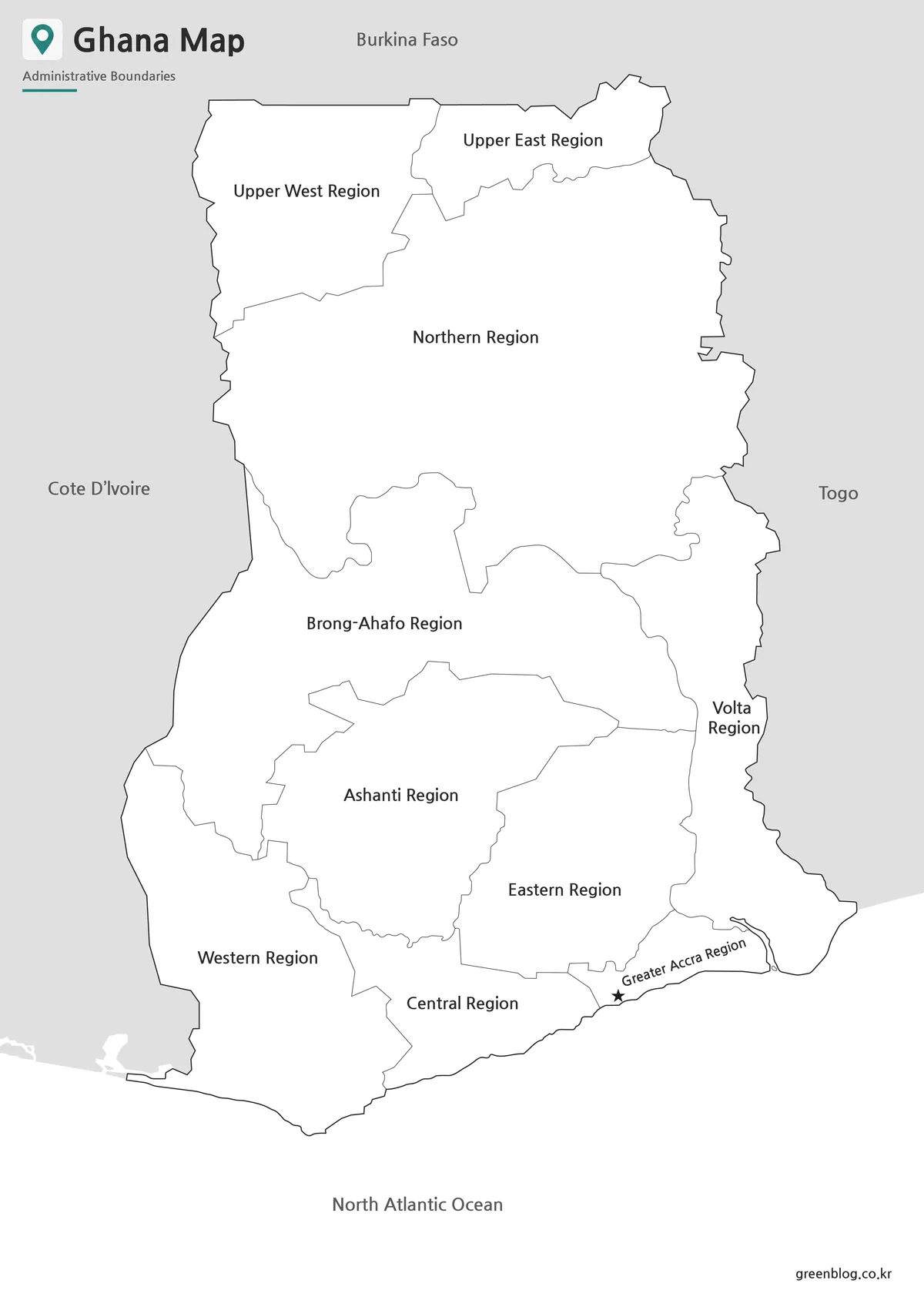 Black and white Ghana Map for printing with regional boundaries and labeled areas.