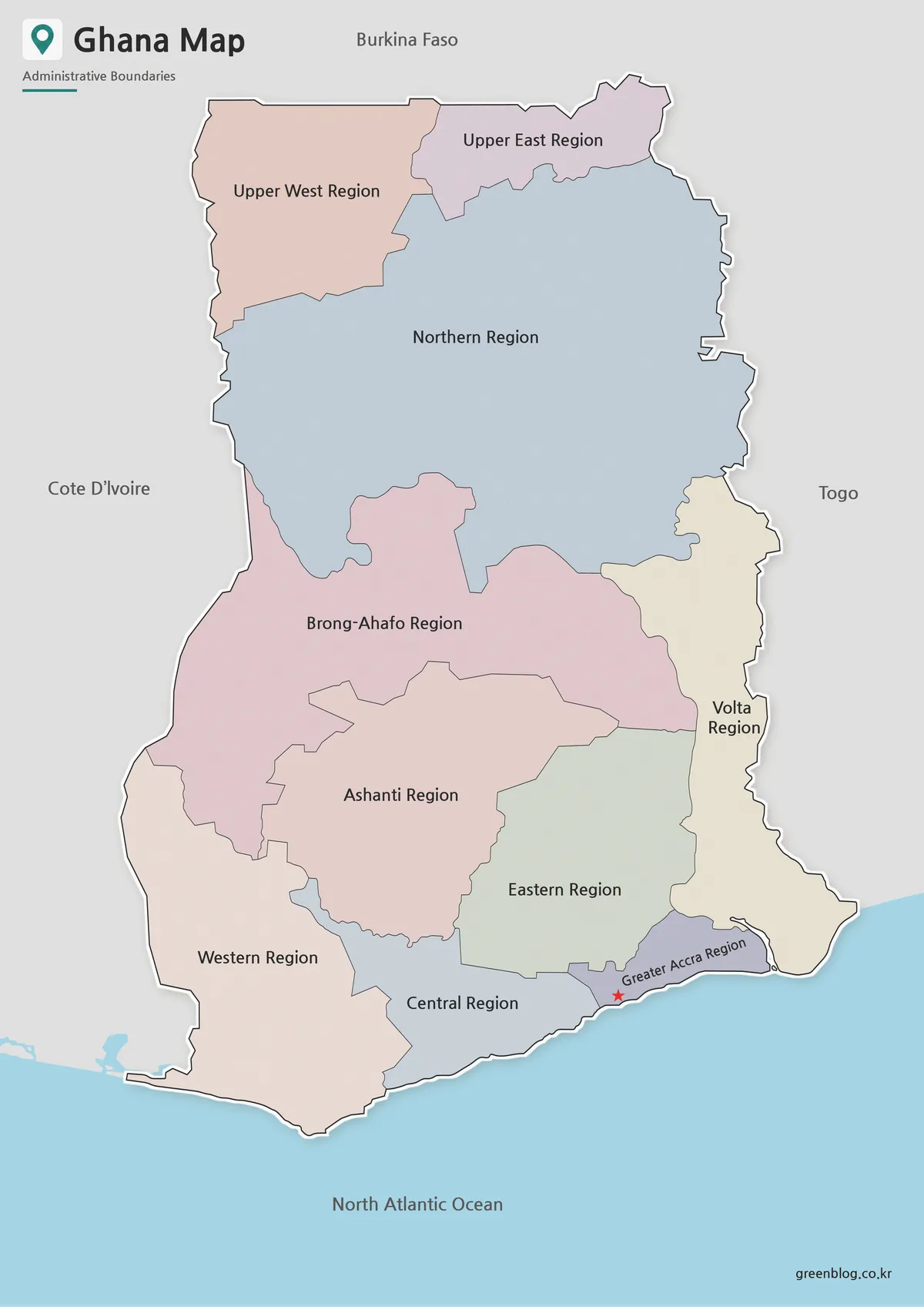 Printable Ghana Map with color-coded regions, Accra, neighboring countries, and Lake Volta.