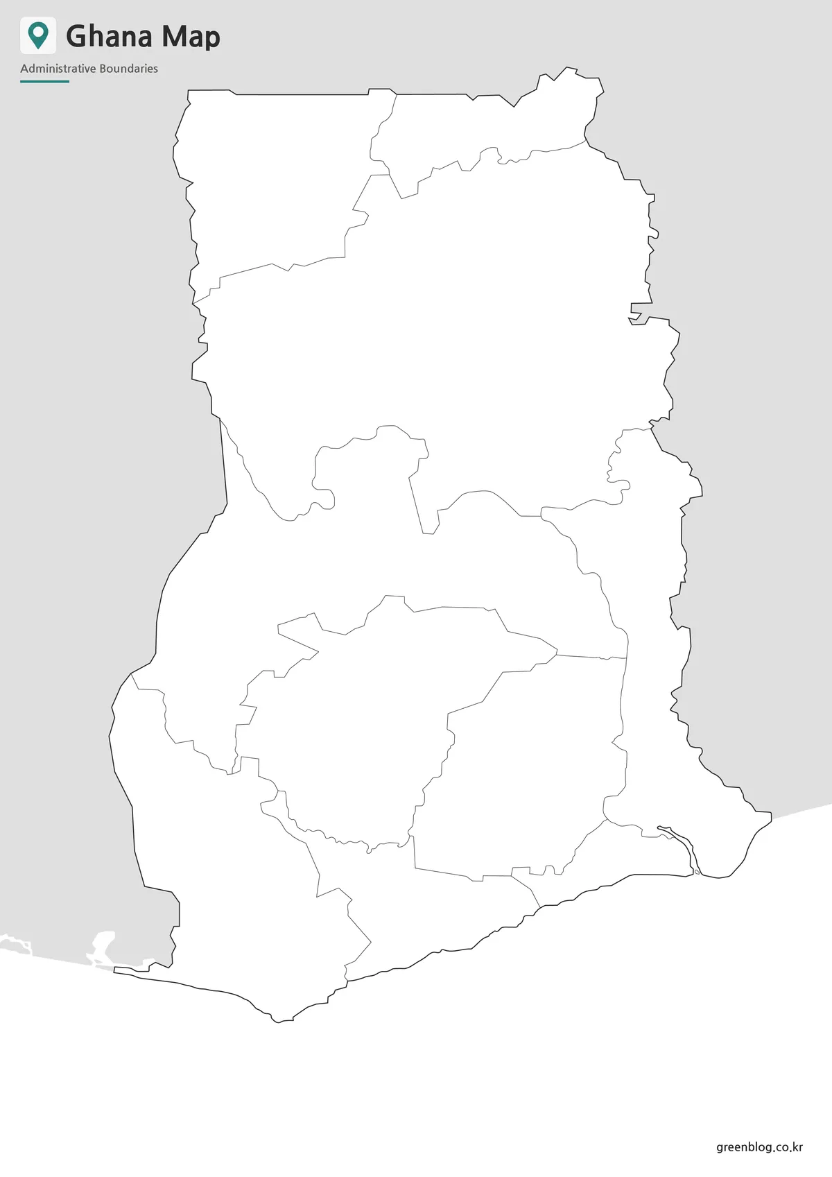 Editable Ghana Map outline with regional boundary lines for classroom and graphic design projects.