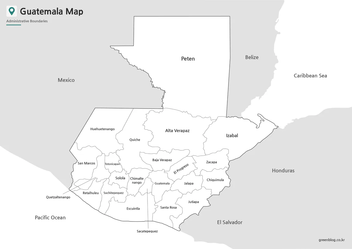 Black and white Guatemala Map for classroom printing with administrative boundary lines.
