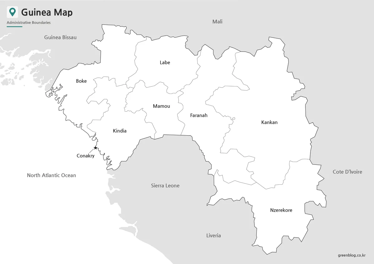 Printable black and white Guinea Map with administrative boundaries for classroom and presentation use.