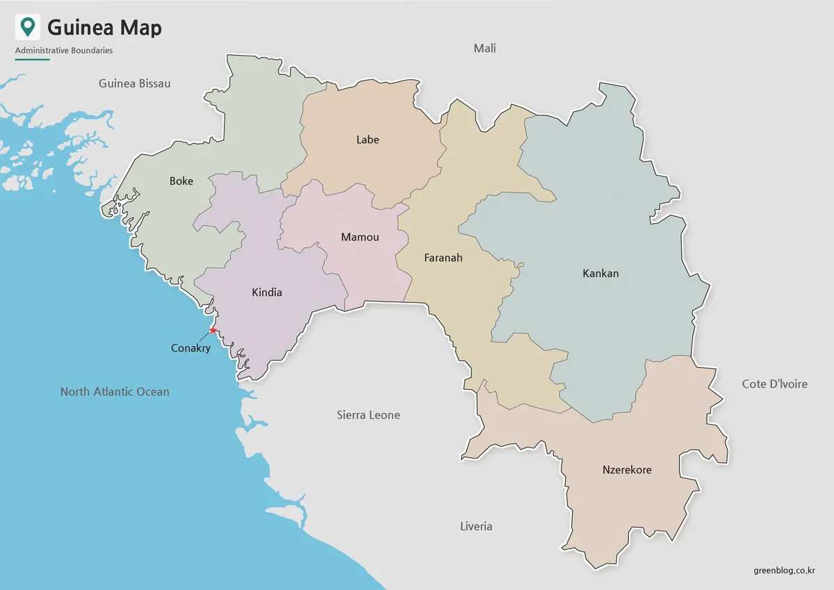 High-resolution Guinea Map with color-coded regional boundaries and Conakry marked for educational use.
