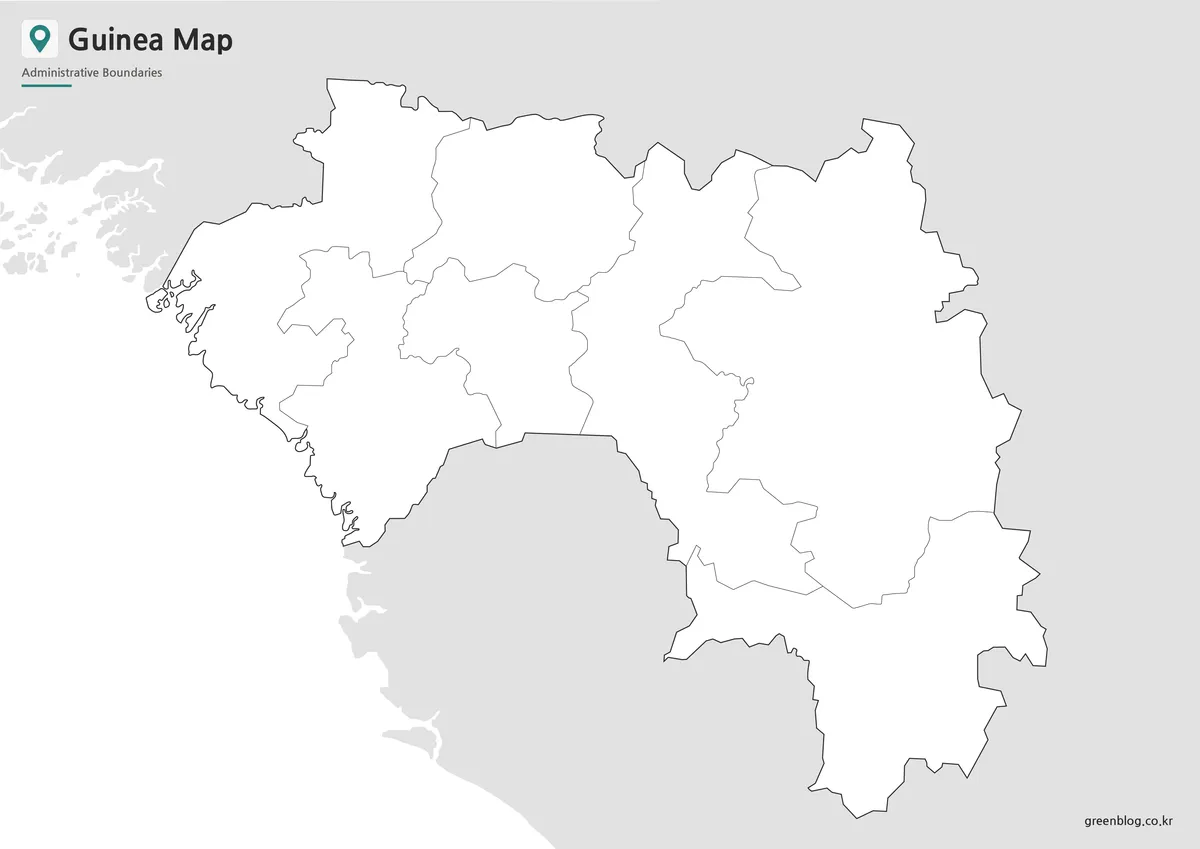 Editable Guinea Map outline with regional boundary lines for worksheets and graphic design projects.