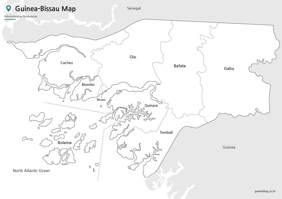 Printable black and white Guinea-Bissau Map with regional boundaries for classroom and presentation use.