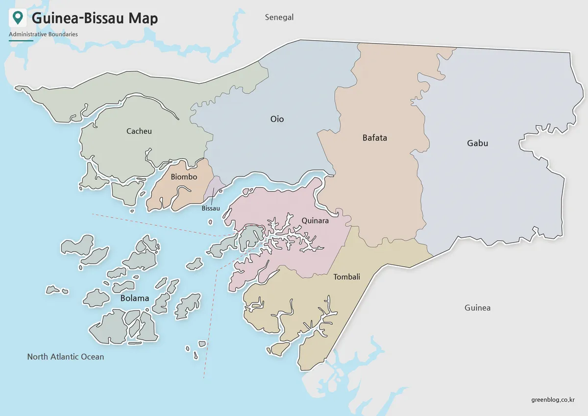 High-resolution Guinea-Bissau Map with color-coded administrative regions, Bissau, coastline, and island areas.