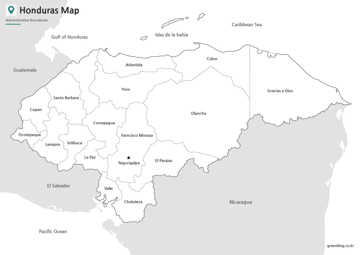 Printable black and white Honduras Map with regional labels and clean boundary lines.
