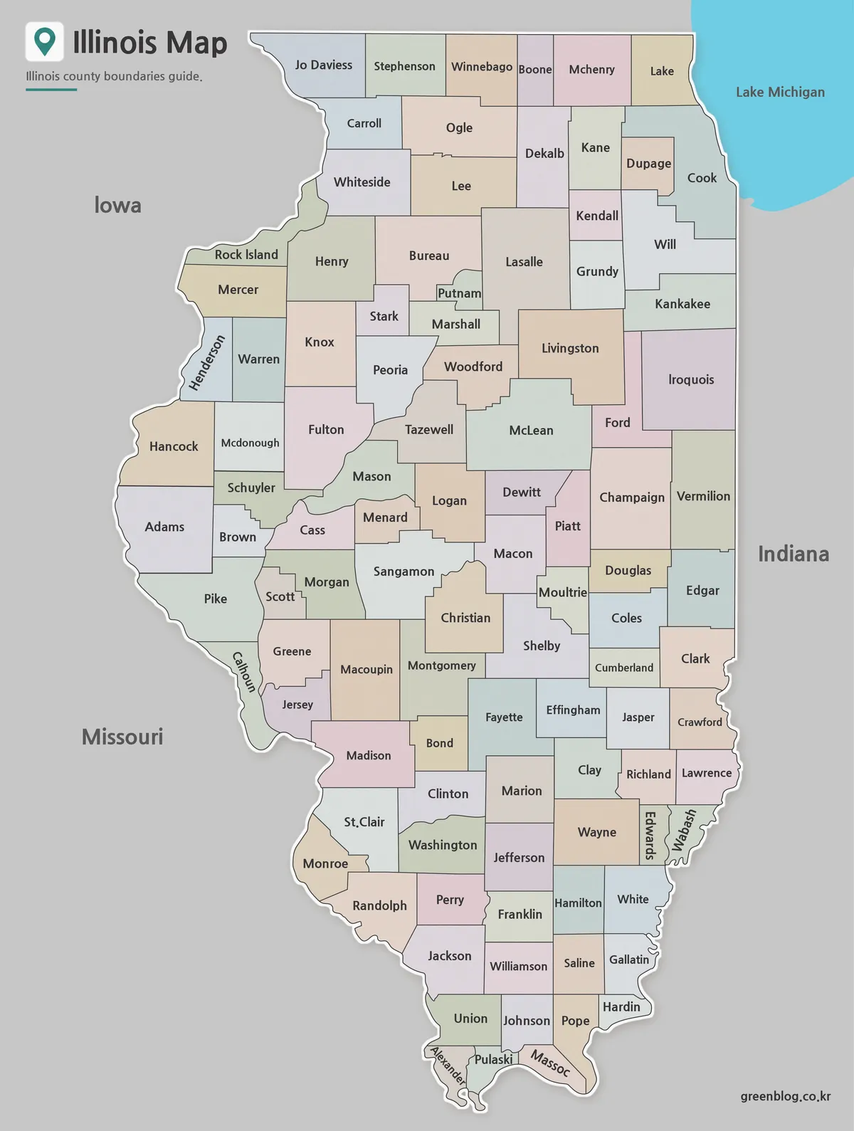 High-resolution Illinois County Map showing color-coded county divisions for printing and education.