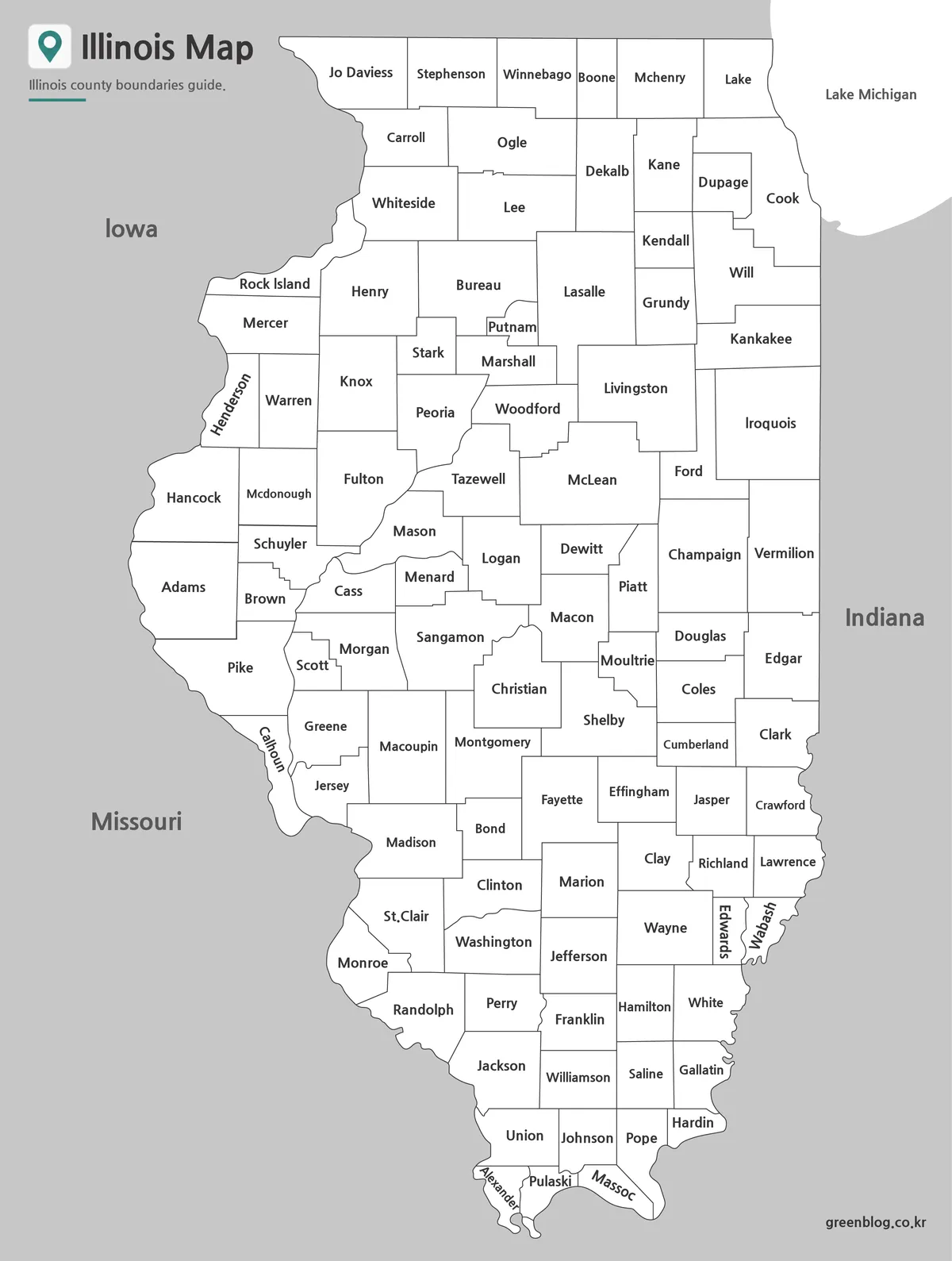 Printable Illinois County Map with county names and boundary lines in black and white.