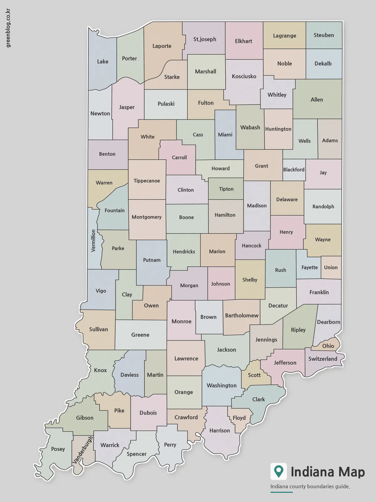 Printable Indiana State Map with county boundaries for educational and presentation use