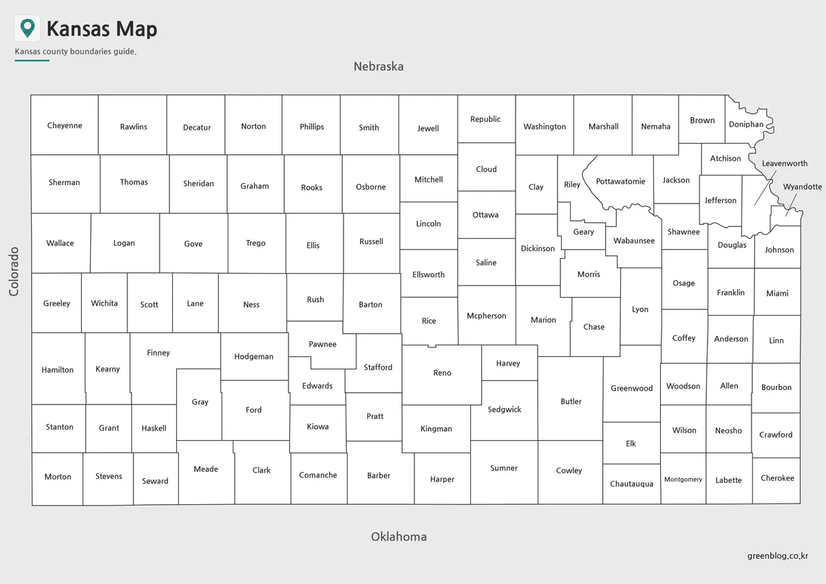 Black and white Kansas Map with county labels for printing and classroom reference