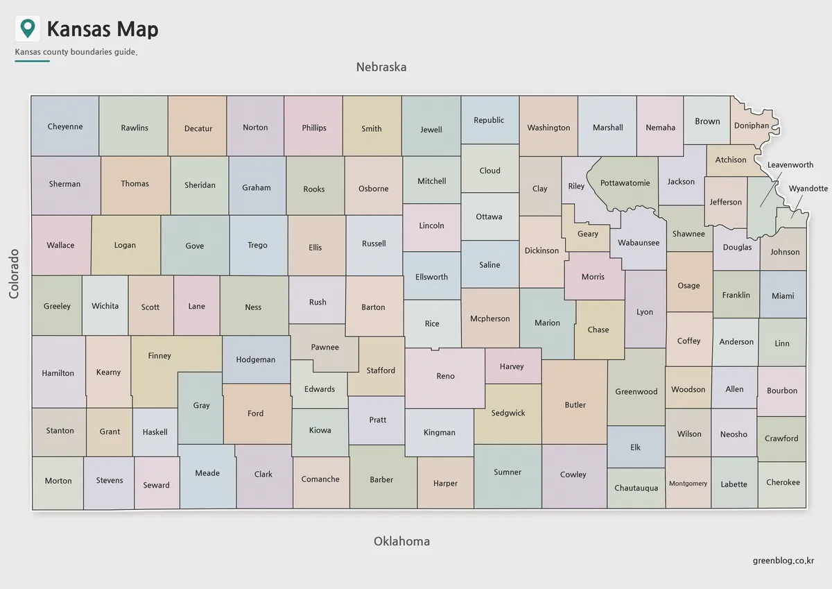 Printable Kansas Map with color-coded county boundaries for educational and presentation use