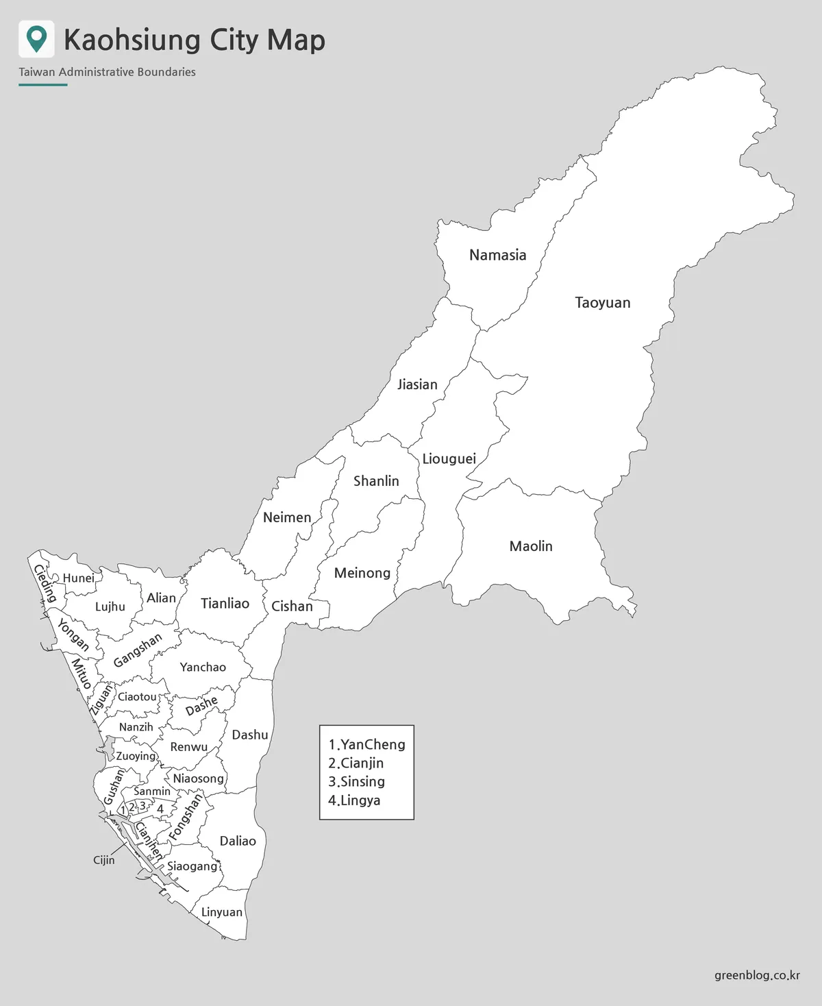 Printable black and white Kaohsiung City Map with district labels and boundary lines