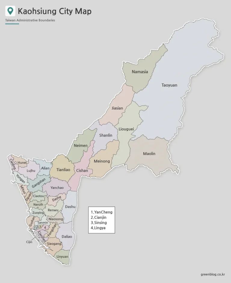 대만 가오슝시 지도 무료 다운로드 – 색상·기본·윤곽선 지도