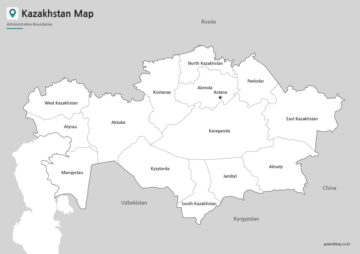 Black and white Kazakhstan Map for classroom printing and presentation reference.
