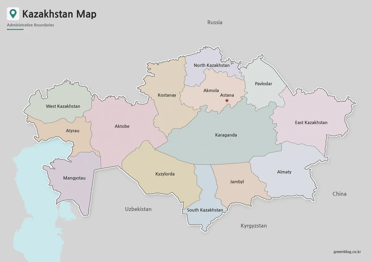 Printable Kazakhstan Map with color-coded regional boundaries and neighboring countries.
