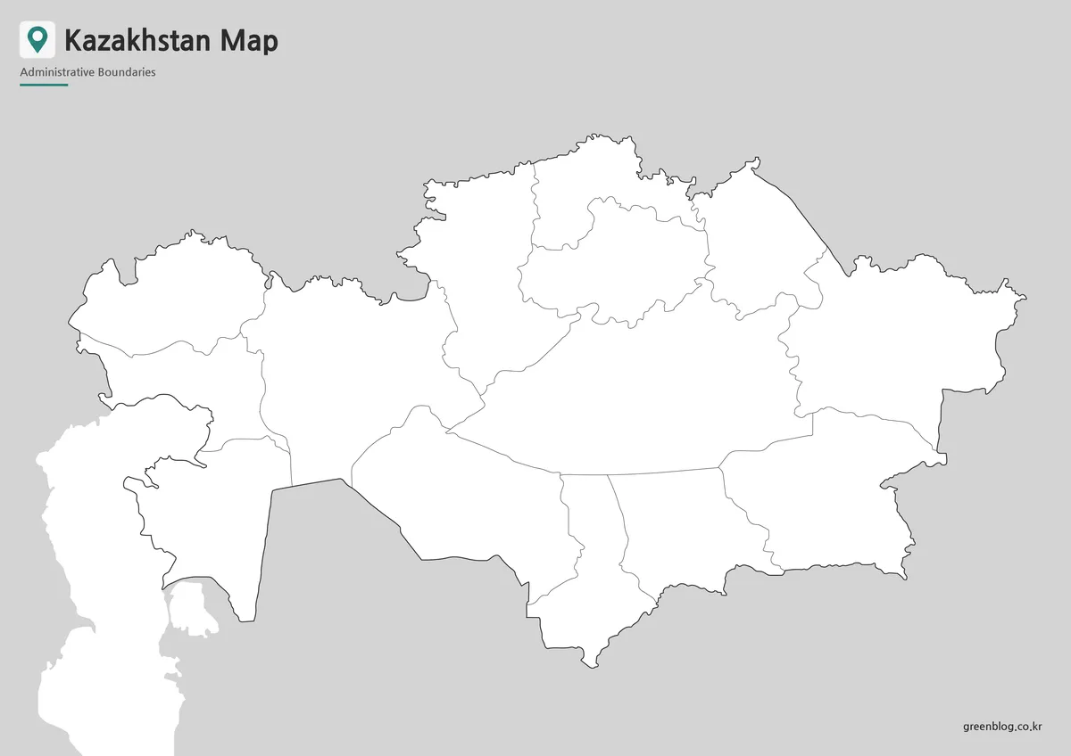 Blank Kazakhstan Map outline with regional boundary lines for editing and educational projects.