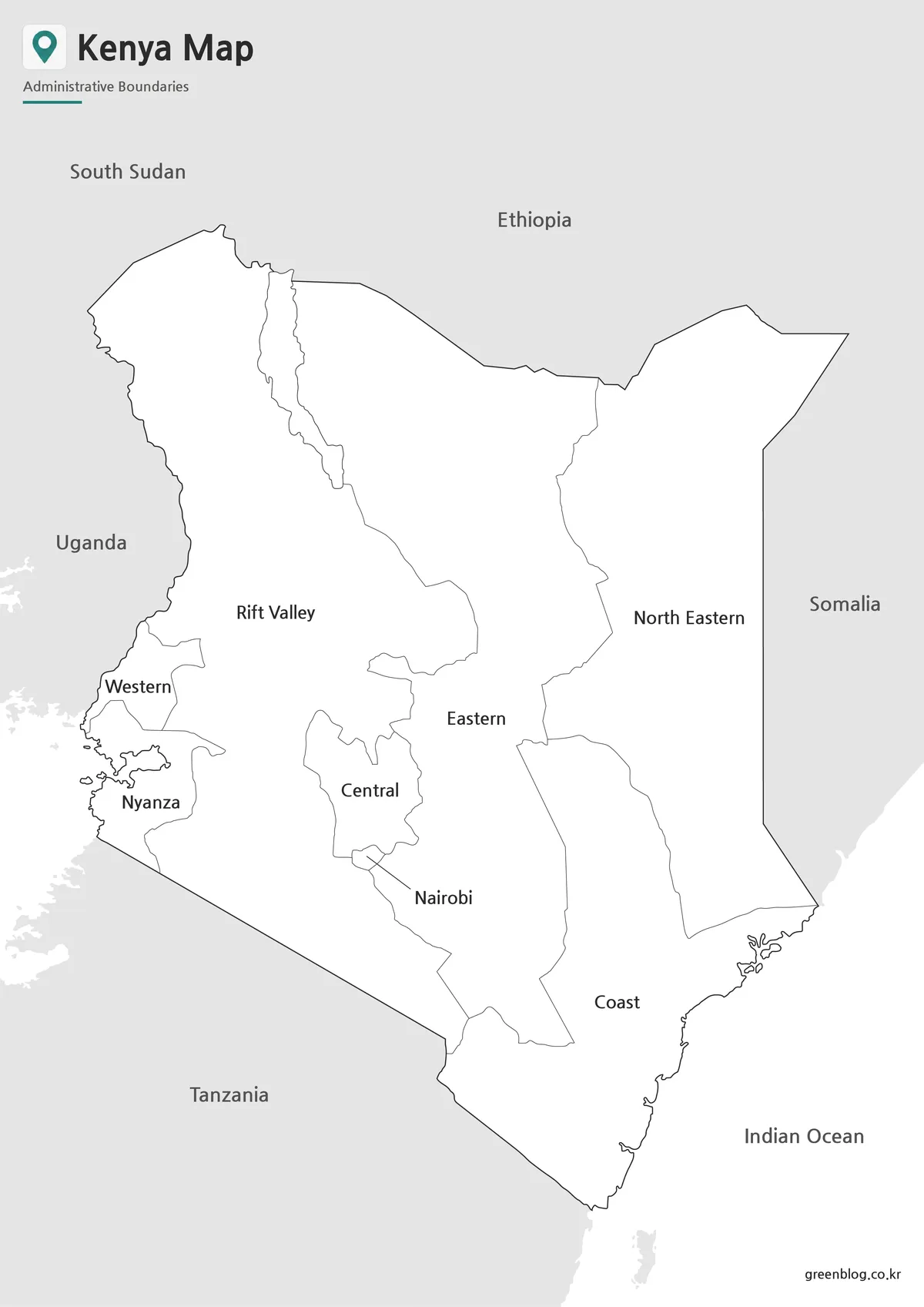 Black and white Kenya Map for classroom printing, reports, and presentation reference.