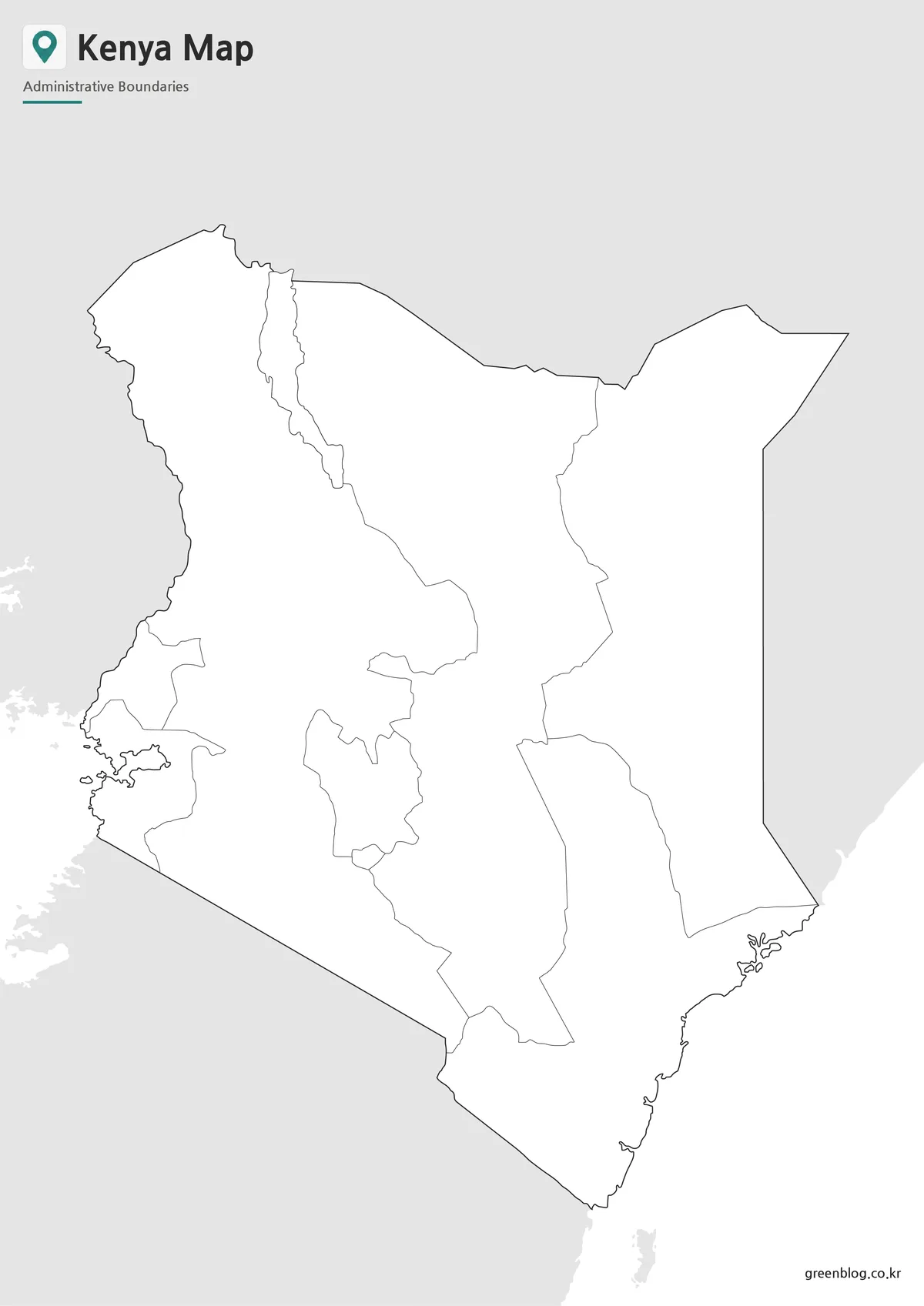 Blank Kenya Map outline with regional boundary lines for editing and educational projects.