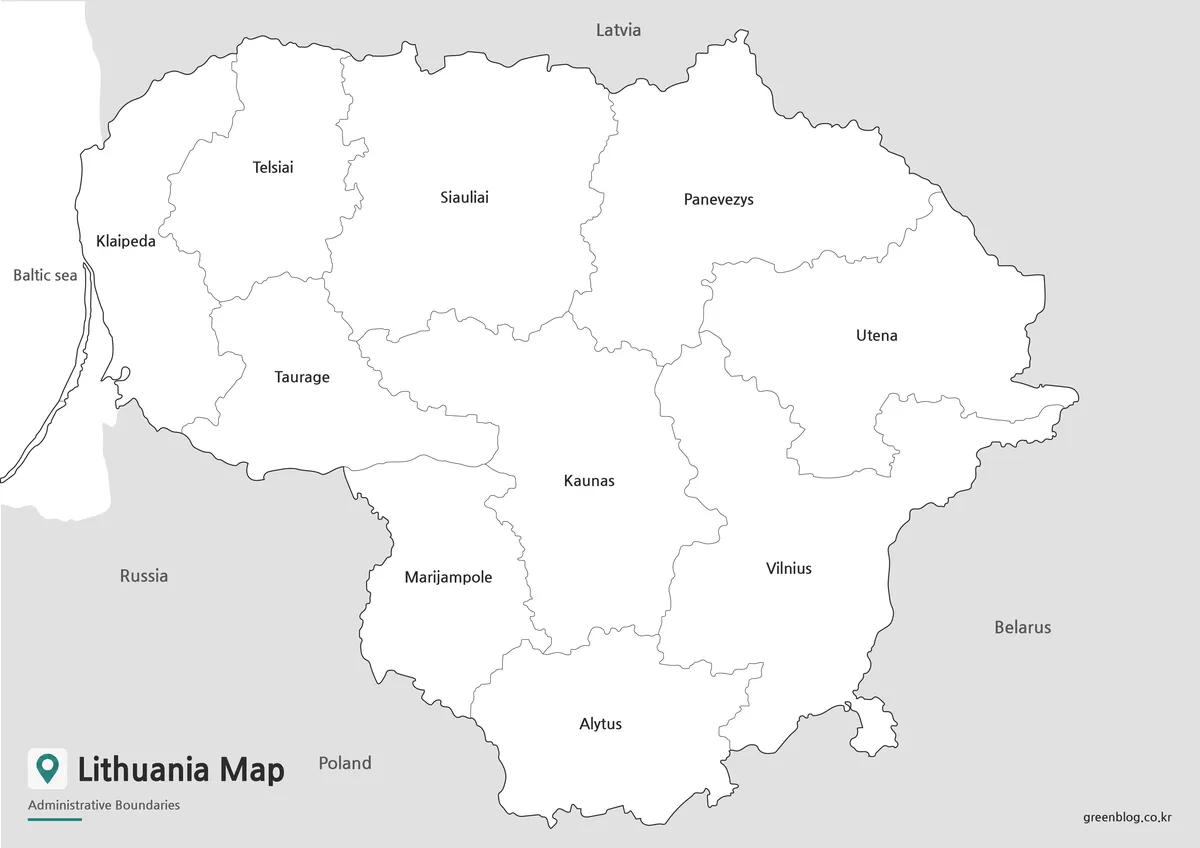 Printable black and white Lithuania Map with clear labels and administrative boundary lines.