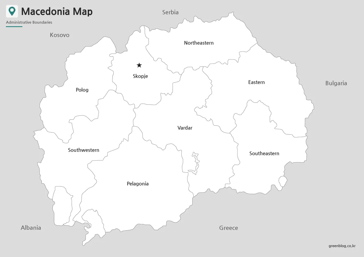 Printable black and white North Macedonia Map with clear labels, lakes, and boundary lines.