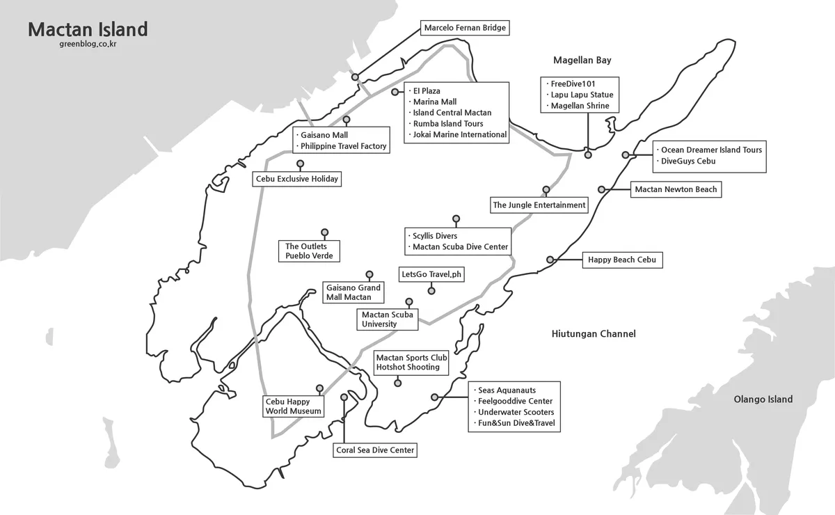 Printable black and white Mactan Island Map for itinerary notes and travel reference.