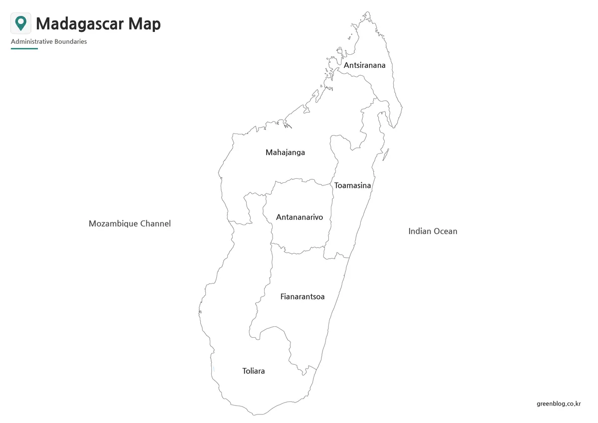 Printable black and white Madagascar Map with regional labels and boundary lines