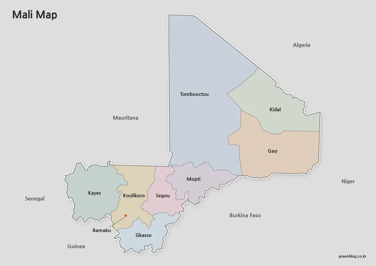 High-resolution Mali color map with administrative regions and capital city location.