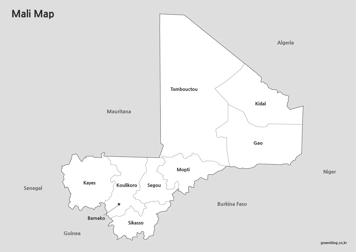 Printable black and white Mali map with regional boundaries.