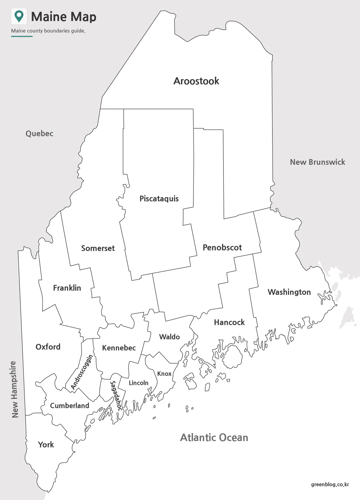 Printable Maine Map with county names and major cities.