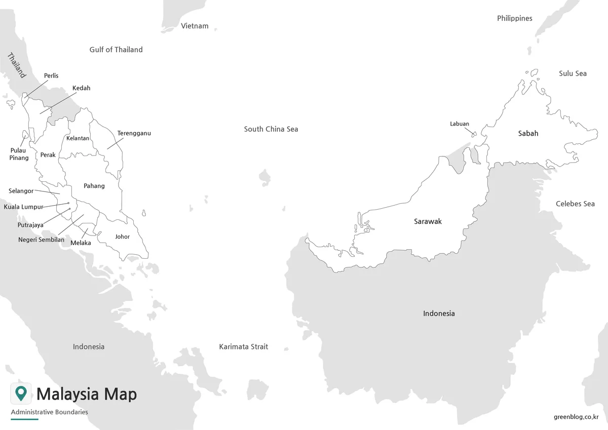 Printable black and white Malaysia Map with state boundaries and regional labels