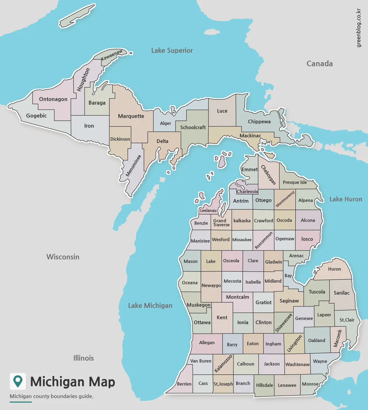 High-resolution Michigan Map with color-coded county boundaries for printing and educational use.