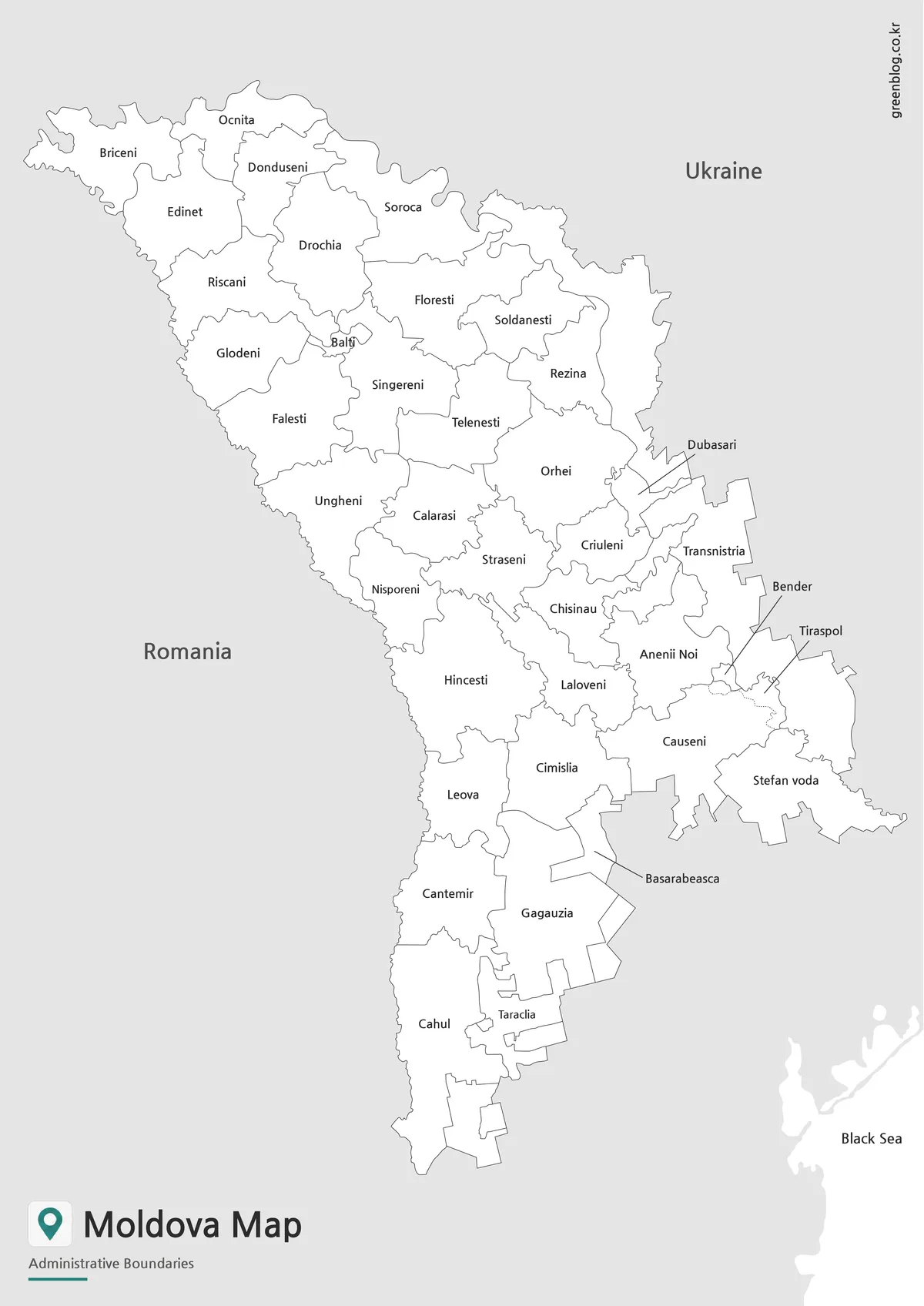 Printable Moldova basic map with Korean and English place names for educational materials