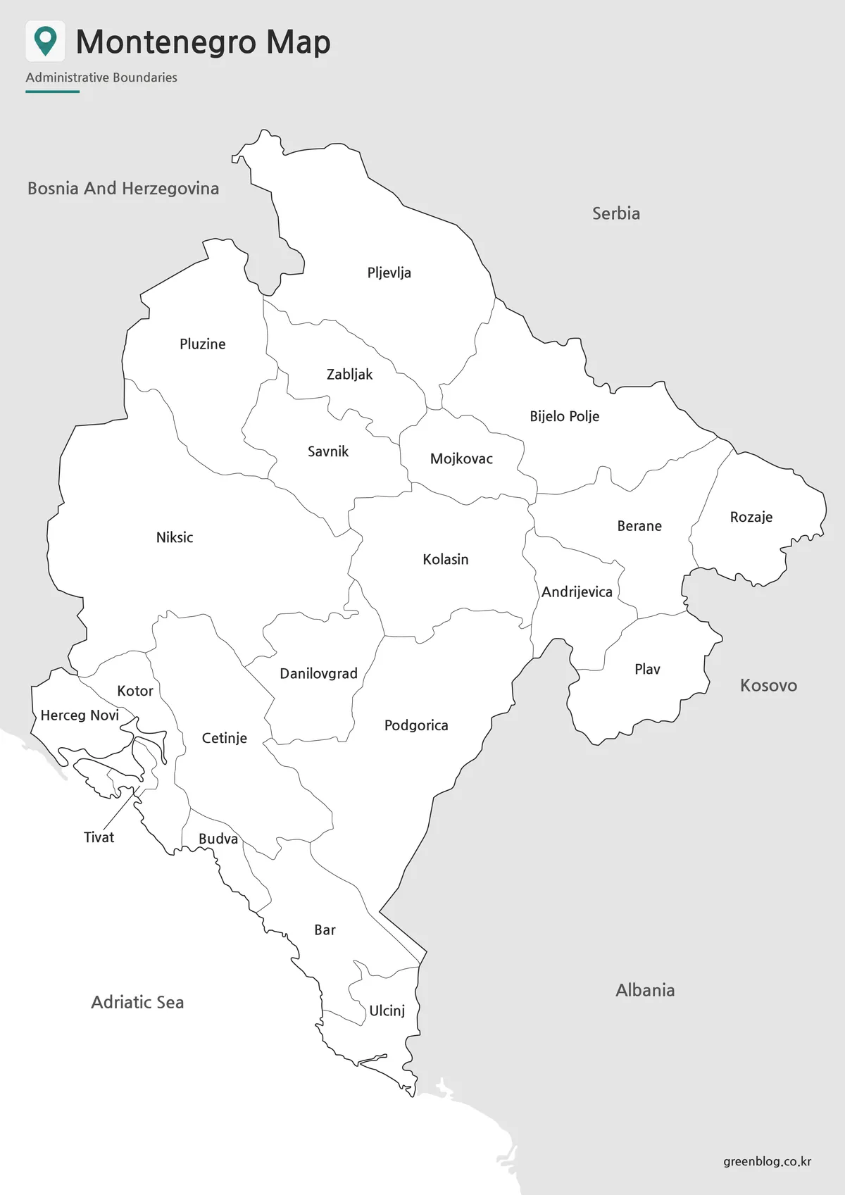 Printable black and white Montenegro Map with labeled boundaries for classroom and presentation use.