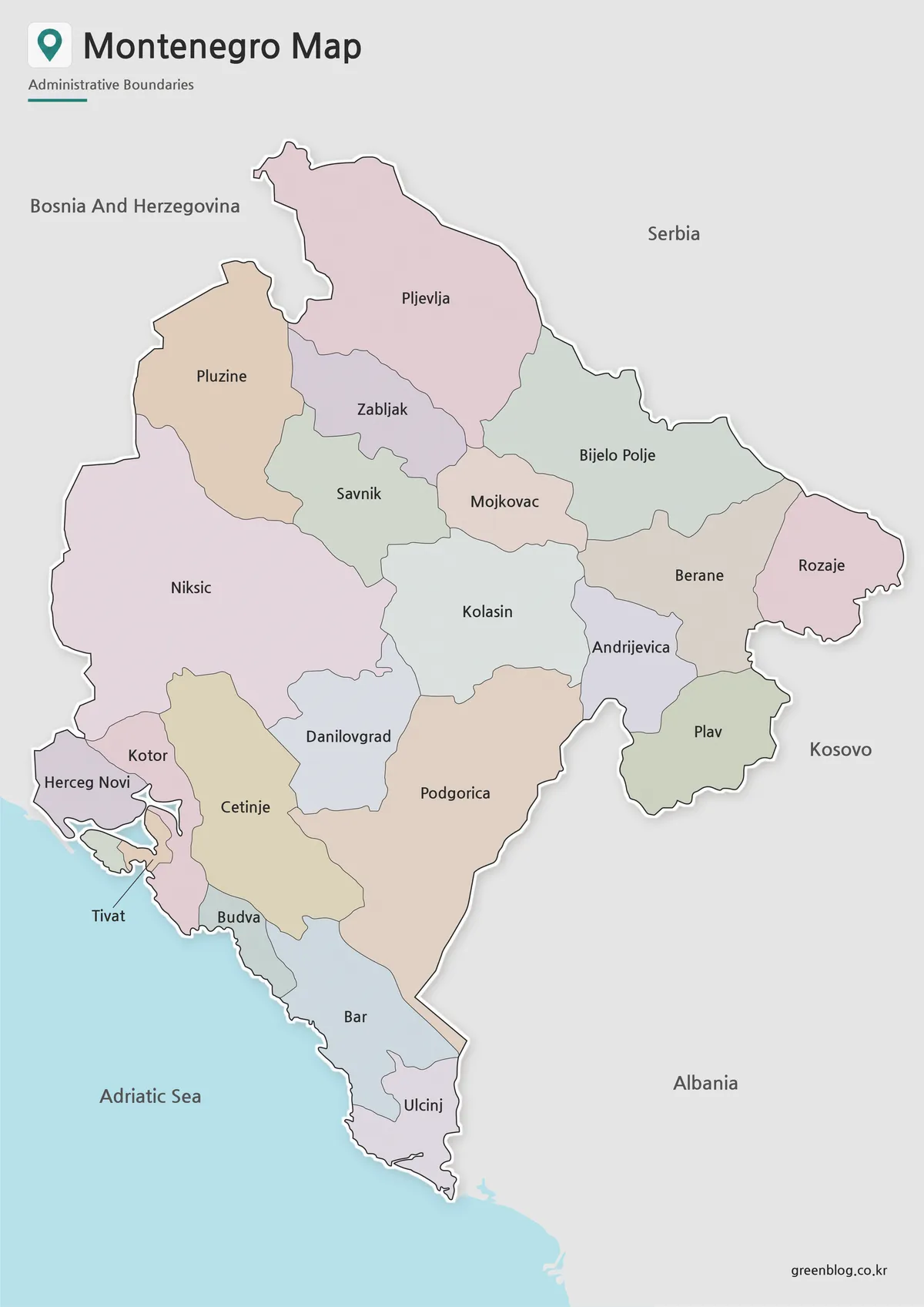 High-resolution Montenegro Map with color-coded administrative regions for printing and educational use.
