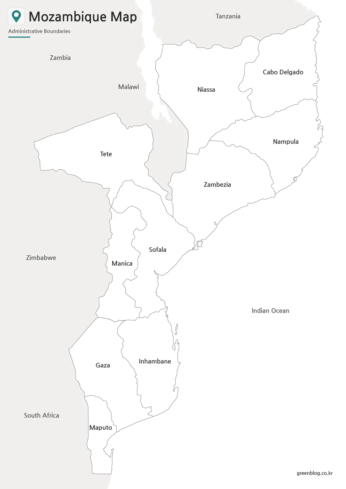 Printable black and white Mozambique Map with province labels for classroom and presentation materials.