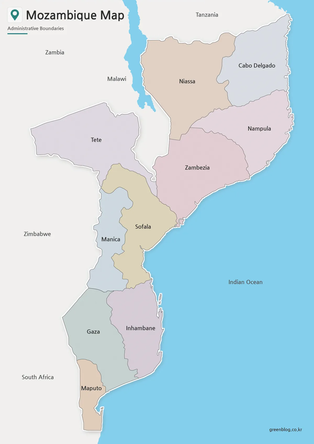 High-resolution Mozambique Map with color-coded provinces for printing, education, and regional reference use.