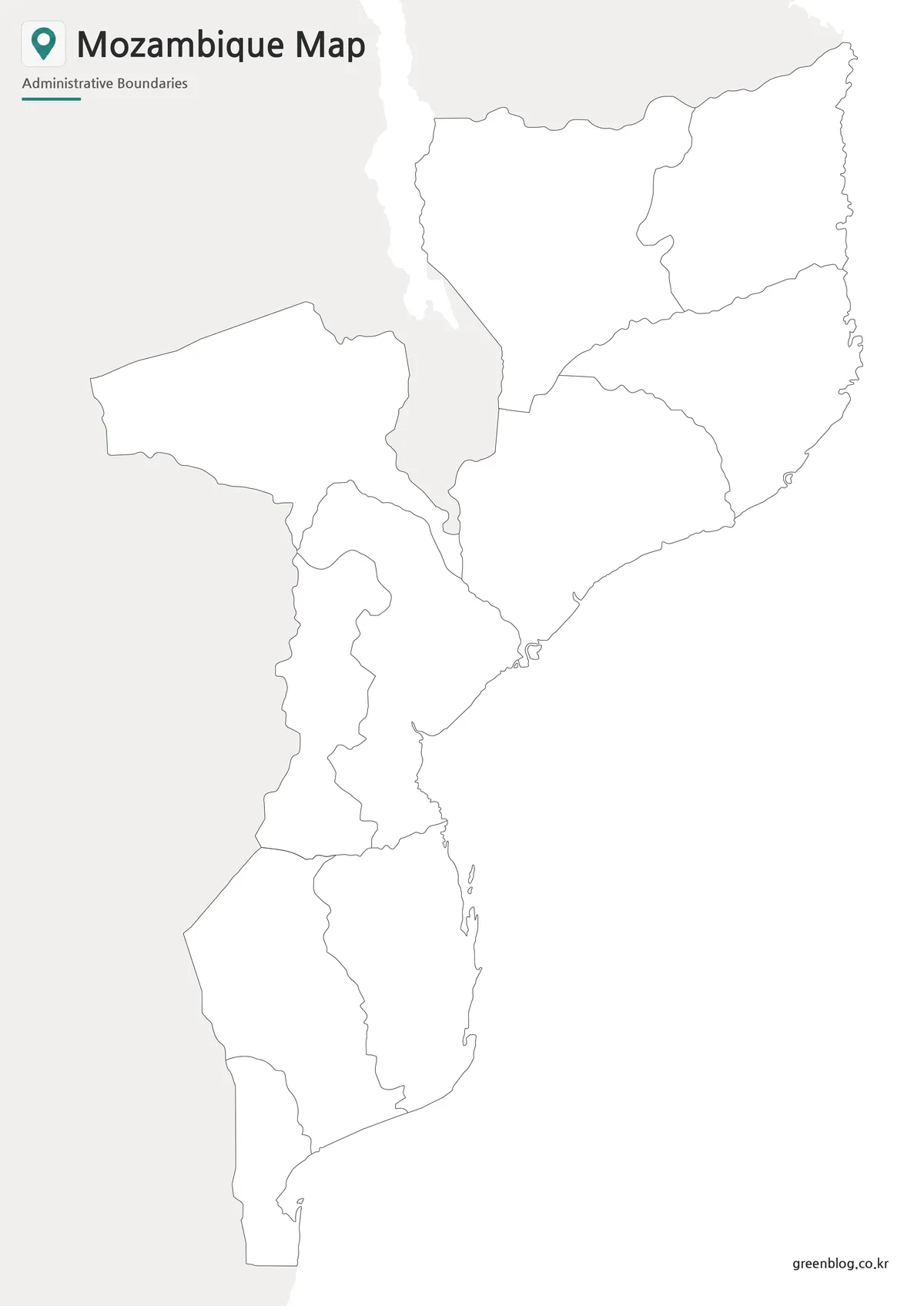 Blank Mozambique outline map with provincial boundary lines for editing and graphic projects.