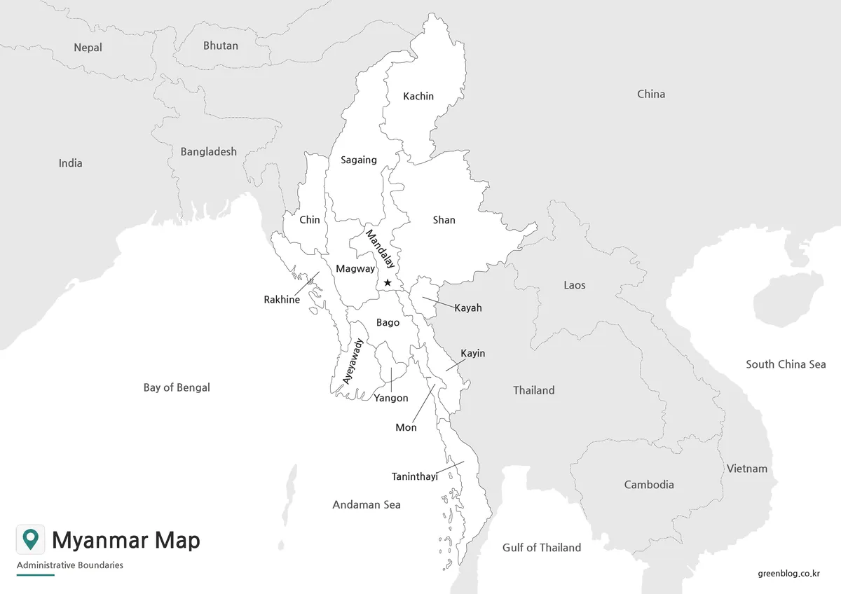 Printable black and white Myanmar Map with labeled regions for classroom handouts and presentation materials.