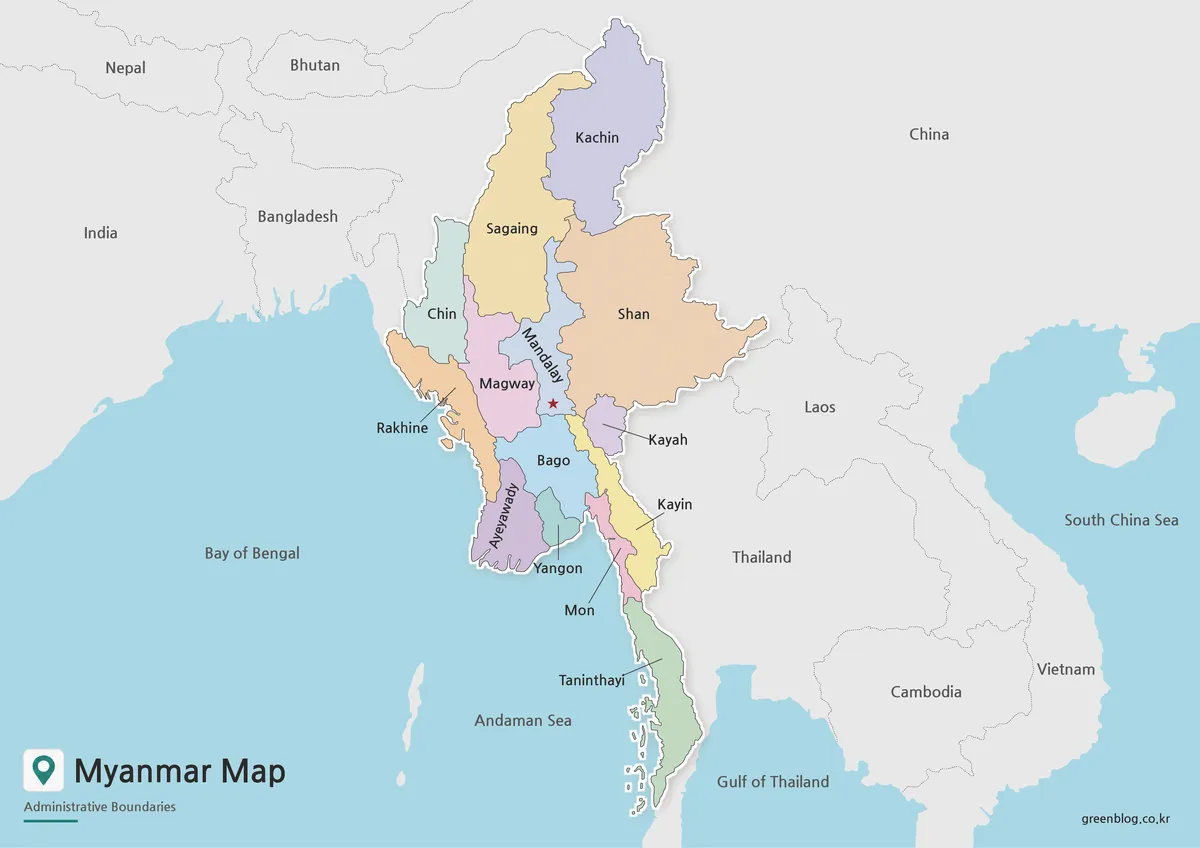 Printable Myanmar Map collection with color, black and white, and outline versions