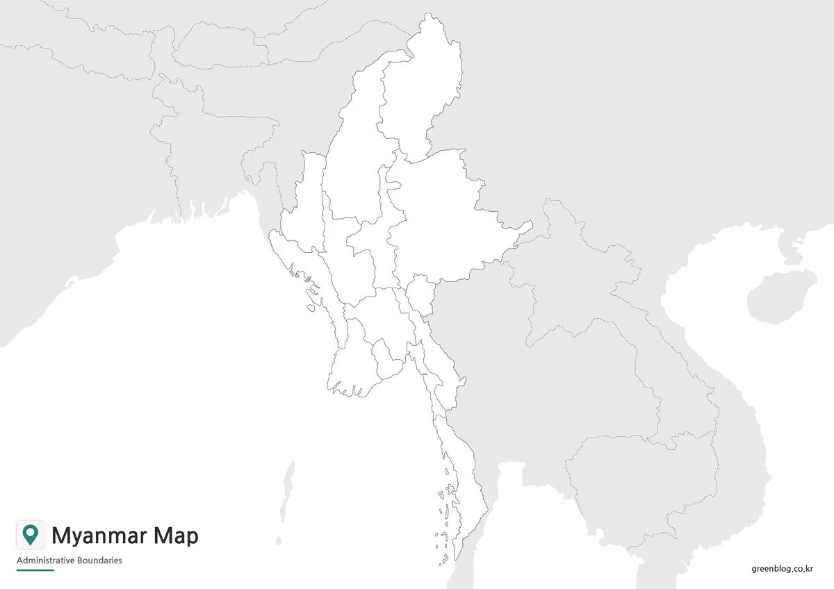 Blank Myanmar outline map with administrative boundary lines for editing and custom map projects.
