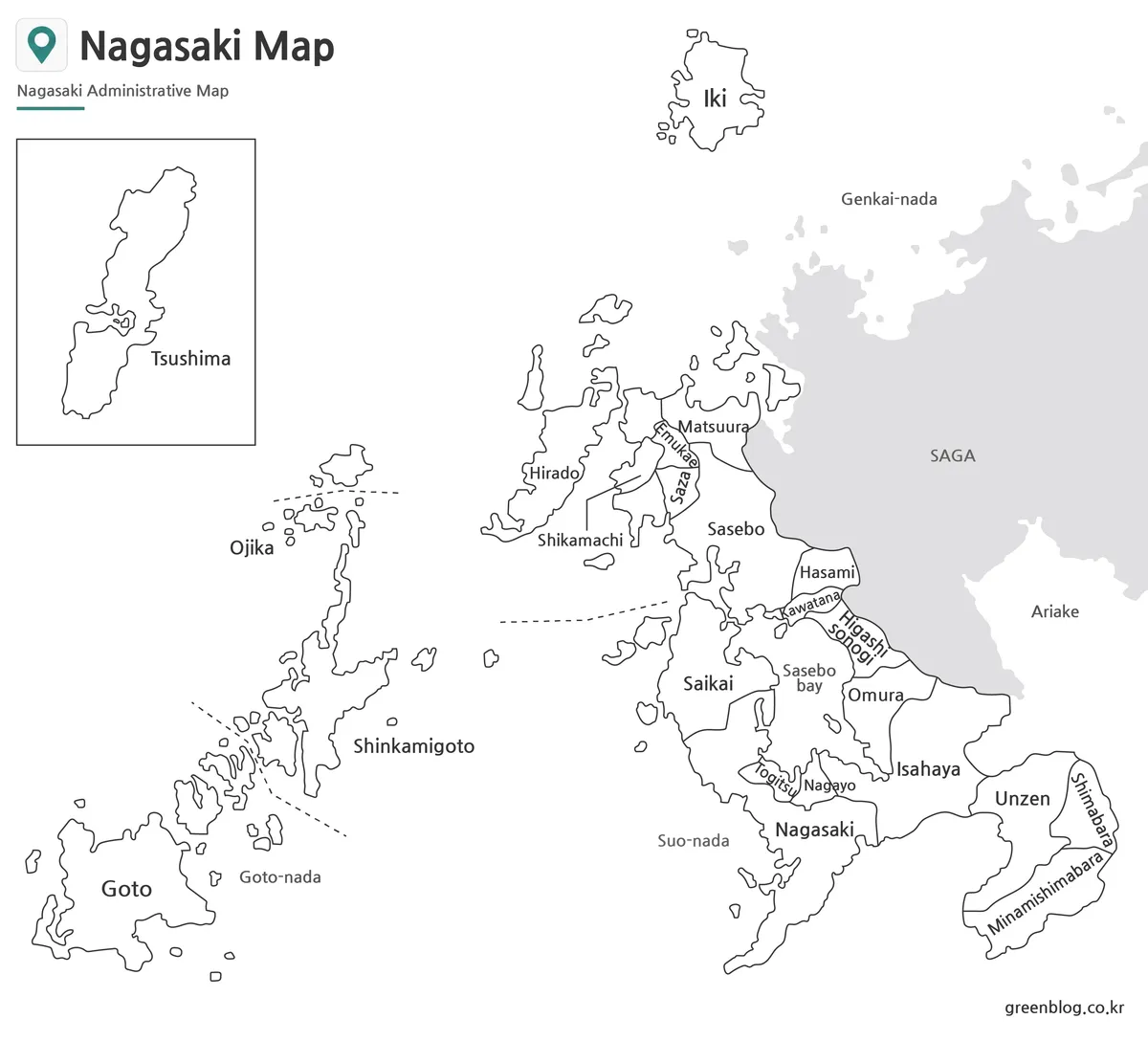 Printable black and white Nagasaki Prefecture Map with labeled administrative boundaries.